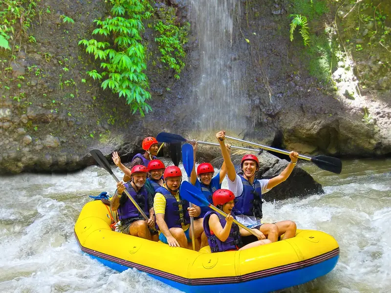 A raft going down the Ayung River through the jungle