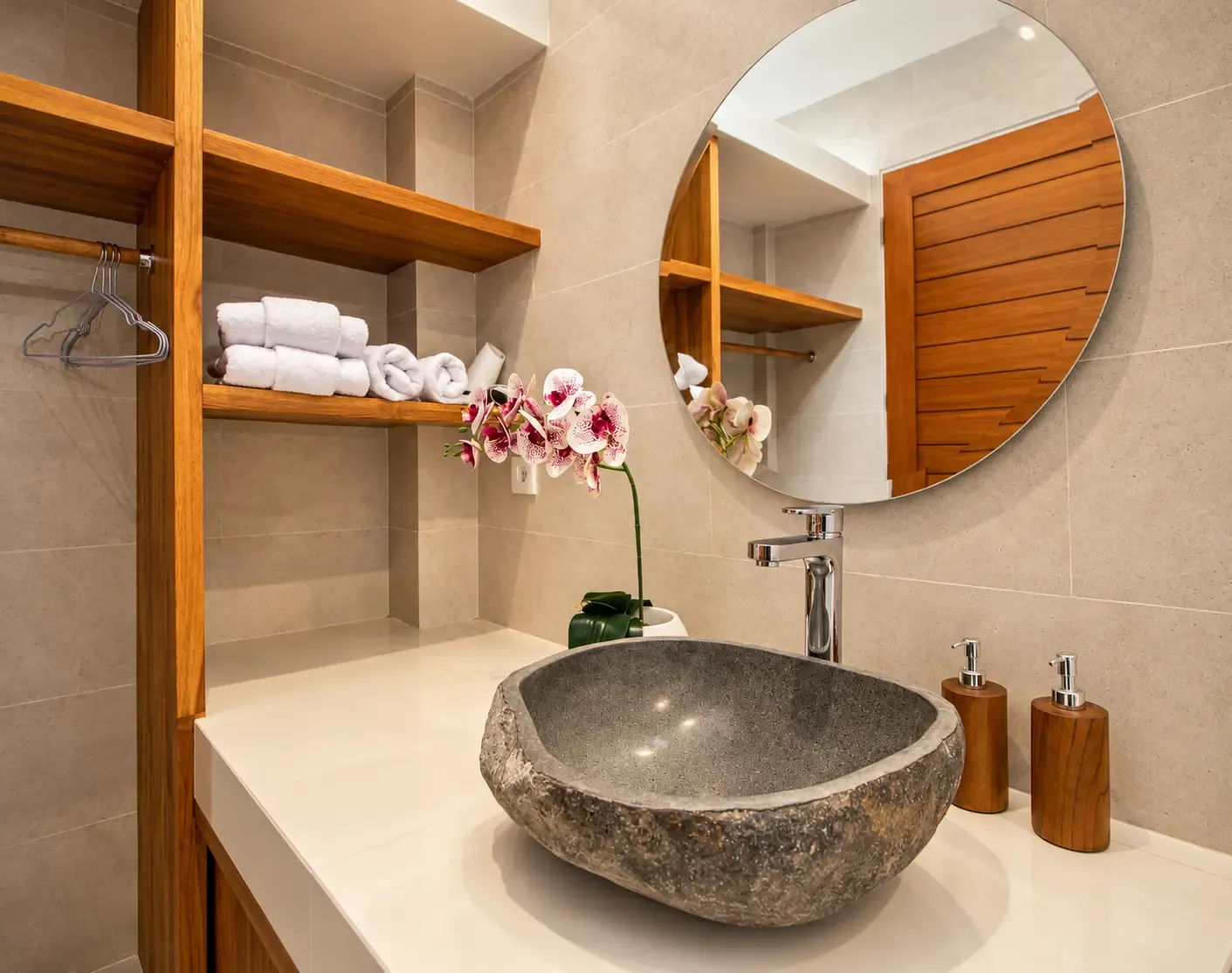 Lavabo de piedra Cahyana House junto a los estantes para toallas.