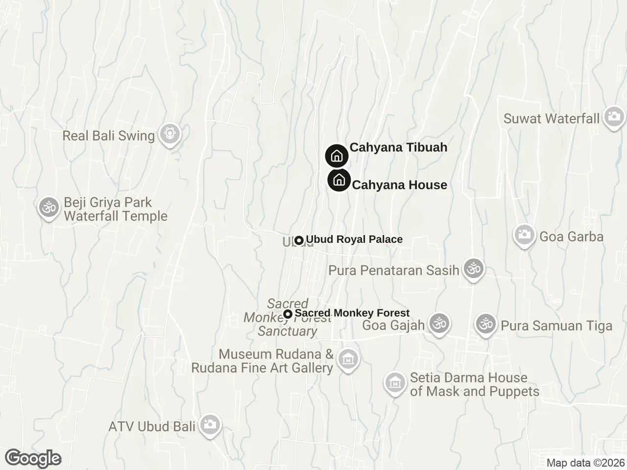Map of north Ubud with Cahyana House, Cahyana Tibuah and nearby places